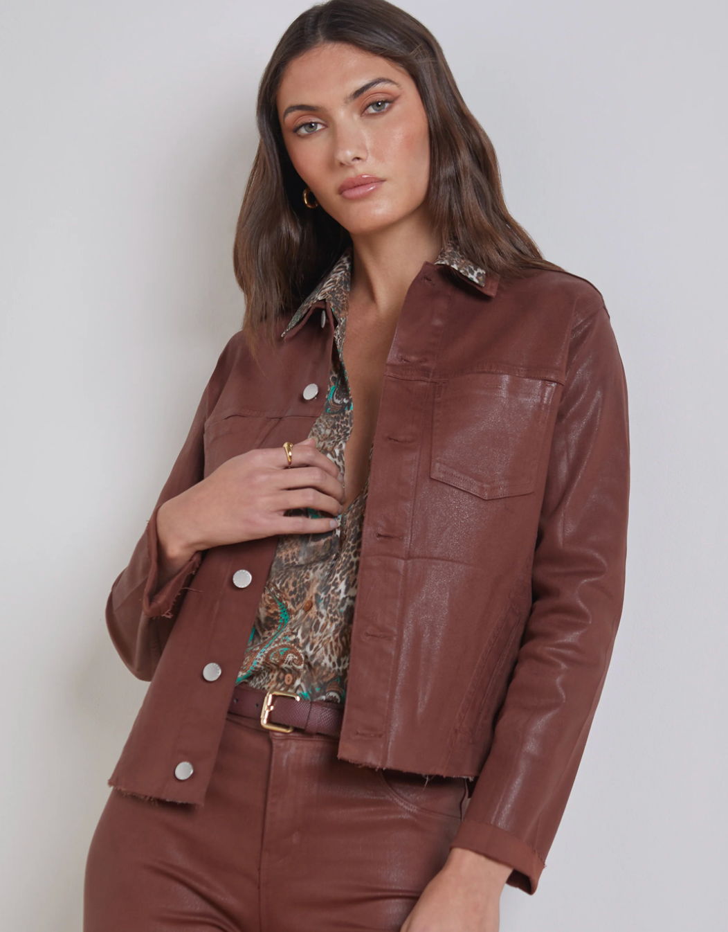 Buy VTMNTS women brown convertible leather and denim jacket for