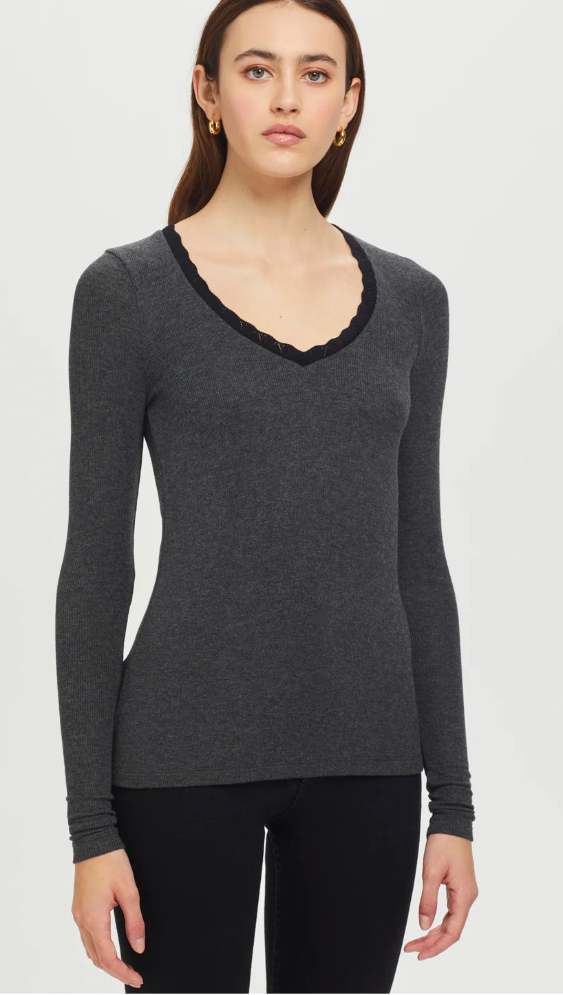 L/S POINTELLE TRIM RIB V NECK