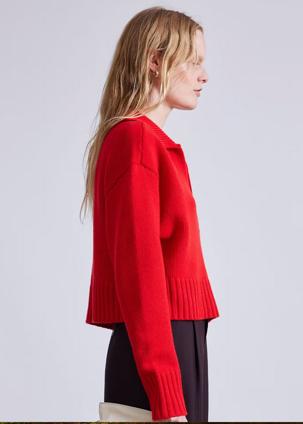 SPLIT NECK HENLEY SWEATER-CHILI